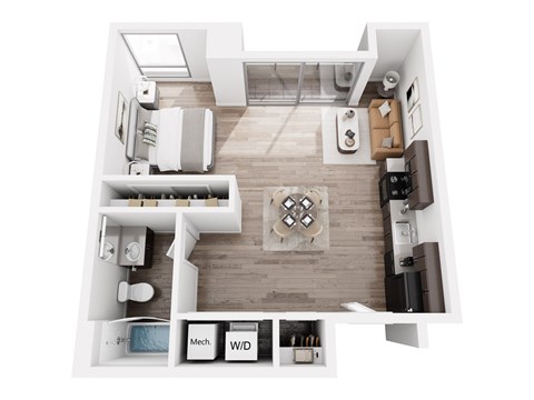 Floor plan for studio, 1 bath, 614 sqft